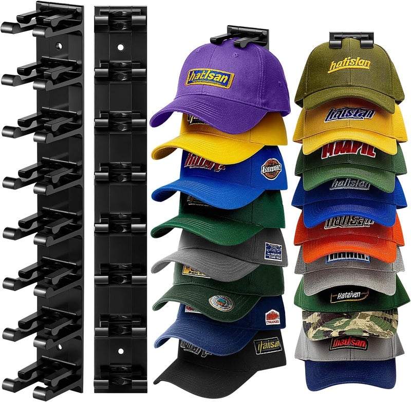 Hatisan Hat Organizer for Baseball Caps, 2 Pack Hat Rack for Wall Closet Door Hold up to 16 Hats,Hat Holder with Adhesive and 8 Screws, Hat Hanger Cap Holder Hat Hangers for Wall Closet Door Bedroom(A-Black) - Image 1